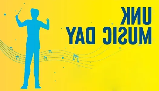 artwork for unk music day featuring a blue silhouette of a musician on a yellow background 